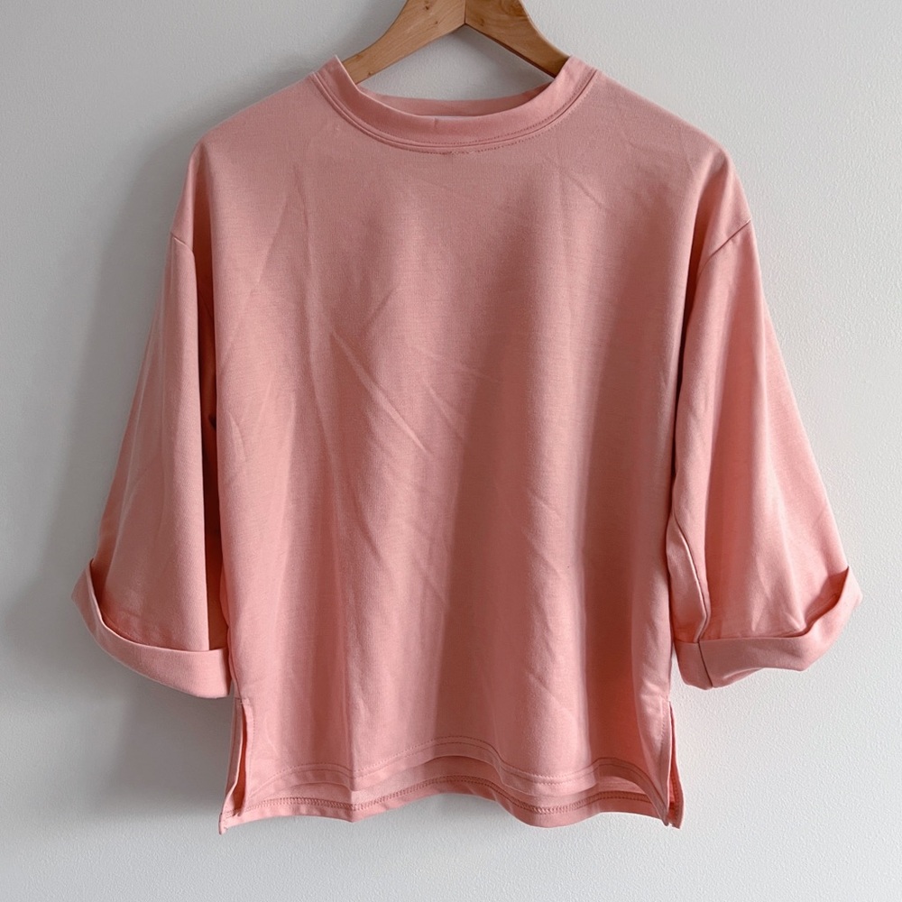 Pink Crew Neck Boxy Elbow Length Sleeve T-Shirt with Side Slit One Size - Picture 2 of 6